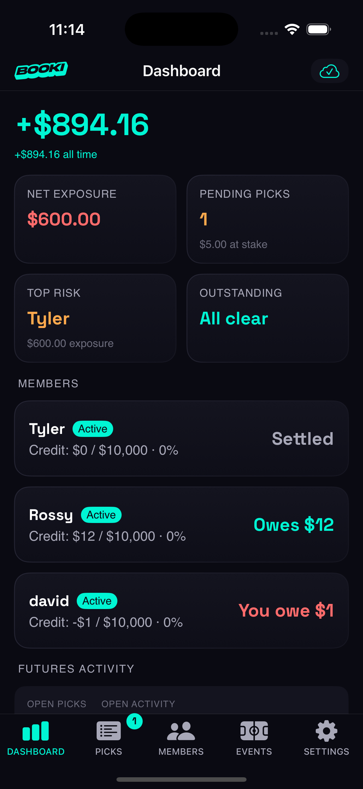 Booki organizer dashboard showing earnings, exposure, and member management