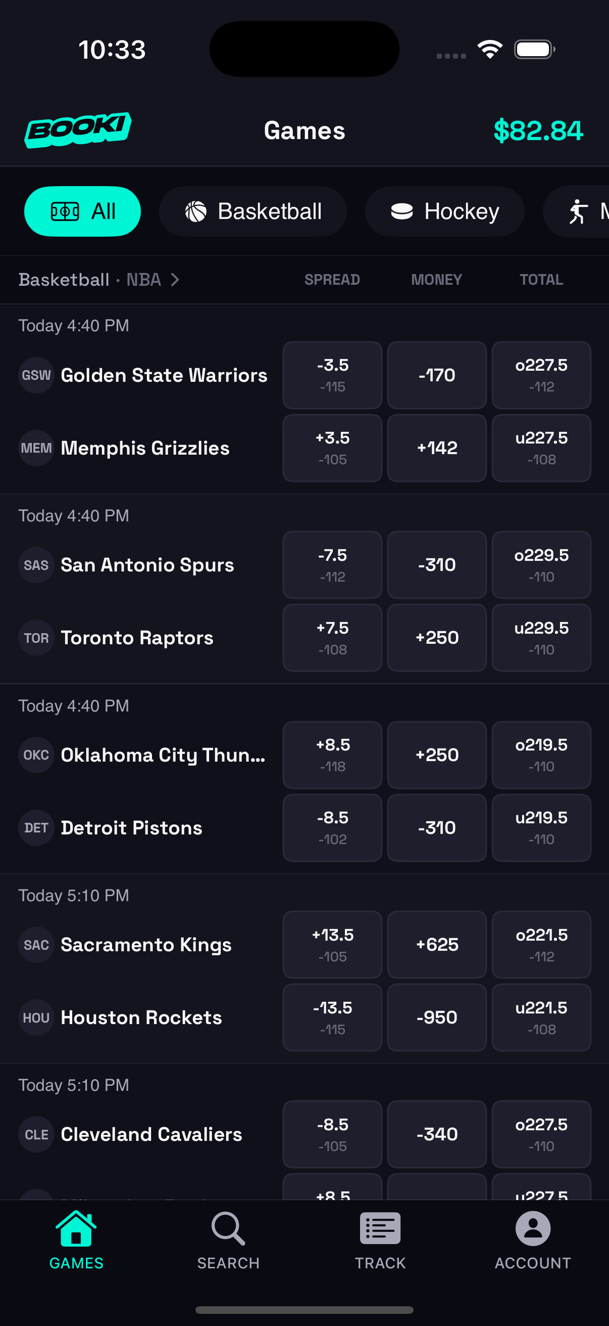 Booki games view showing live odds, spreads, and totals